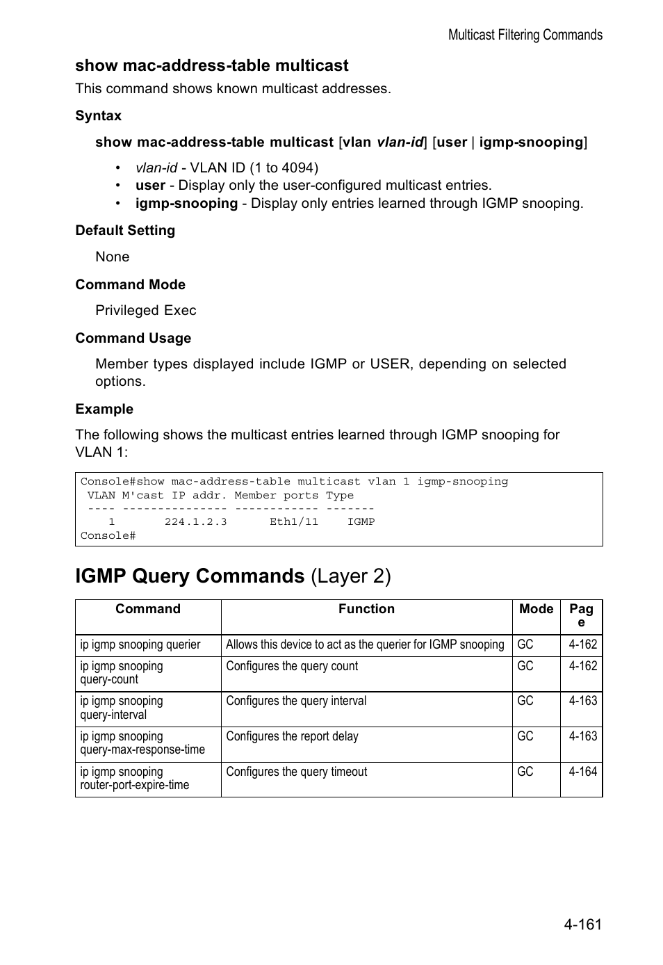 Show mac-address-table multicast, Igmp query commands (layer 2) | Accton Technology VS4512DC User Manual | Page 307 / 334