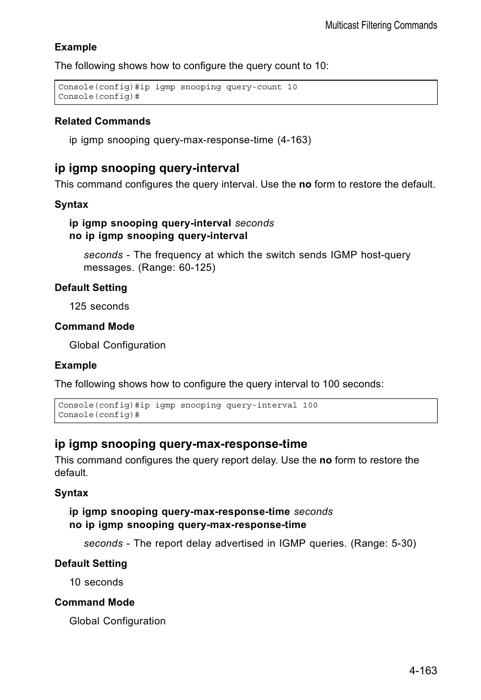 Ip igmp snooping query-interval, Ip igmp snooping query-max-response-time | Accton Technology VS4512DC User Manual | Page 309 / 334