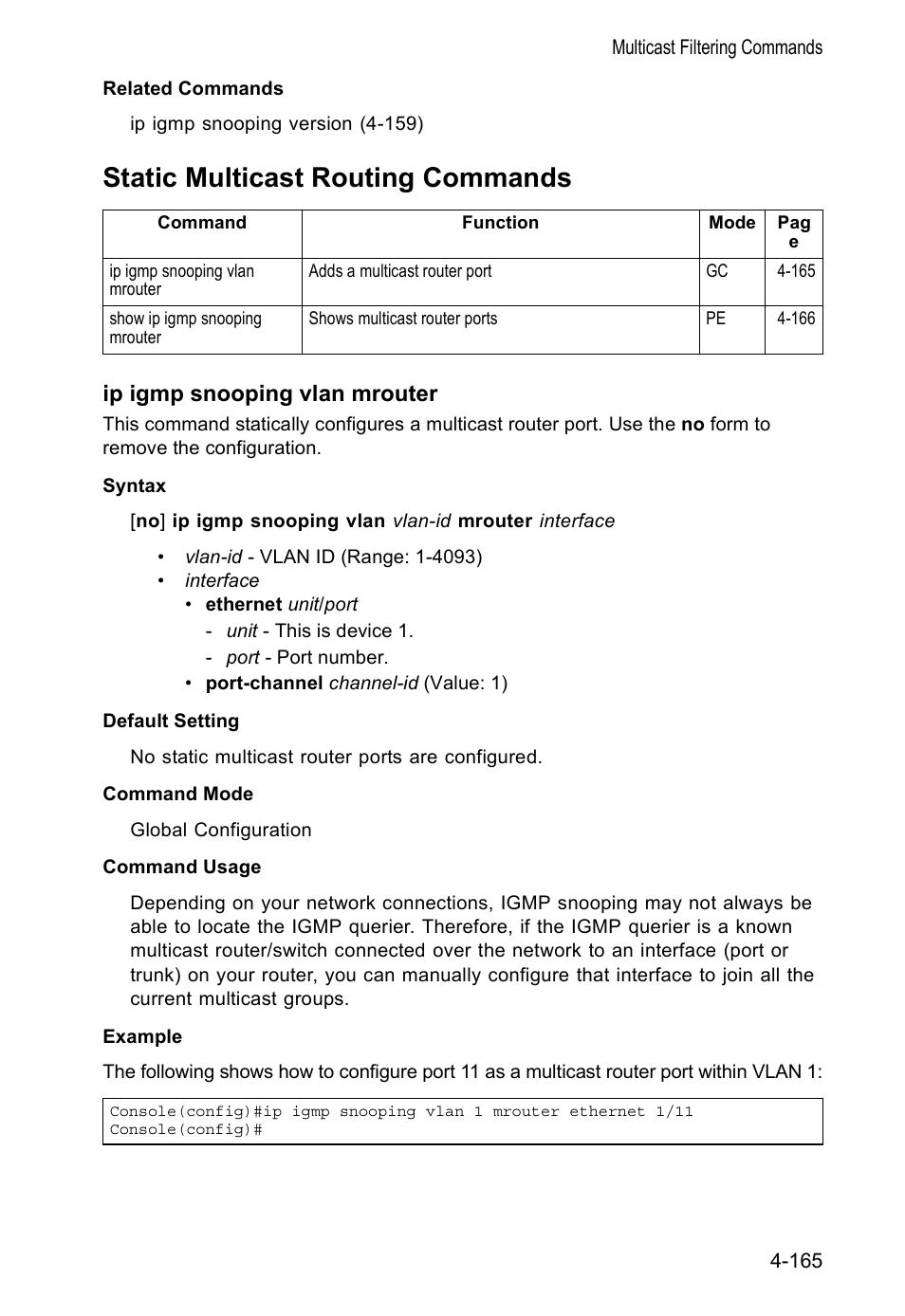 Static multicast routing commands, Ip igmp snooping vlan mrouter | Accton Technology VS4512DC User Manual | Page 311 / 334