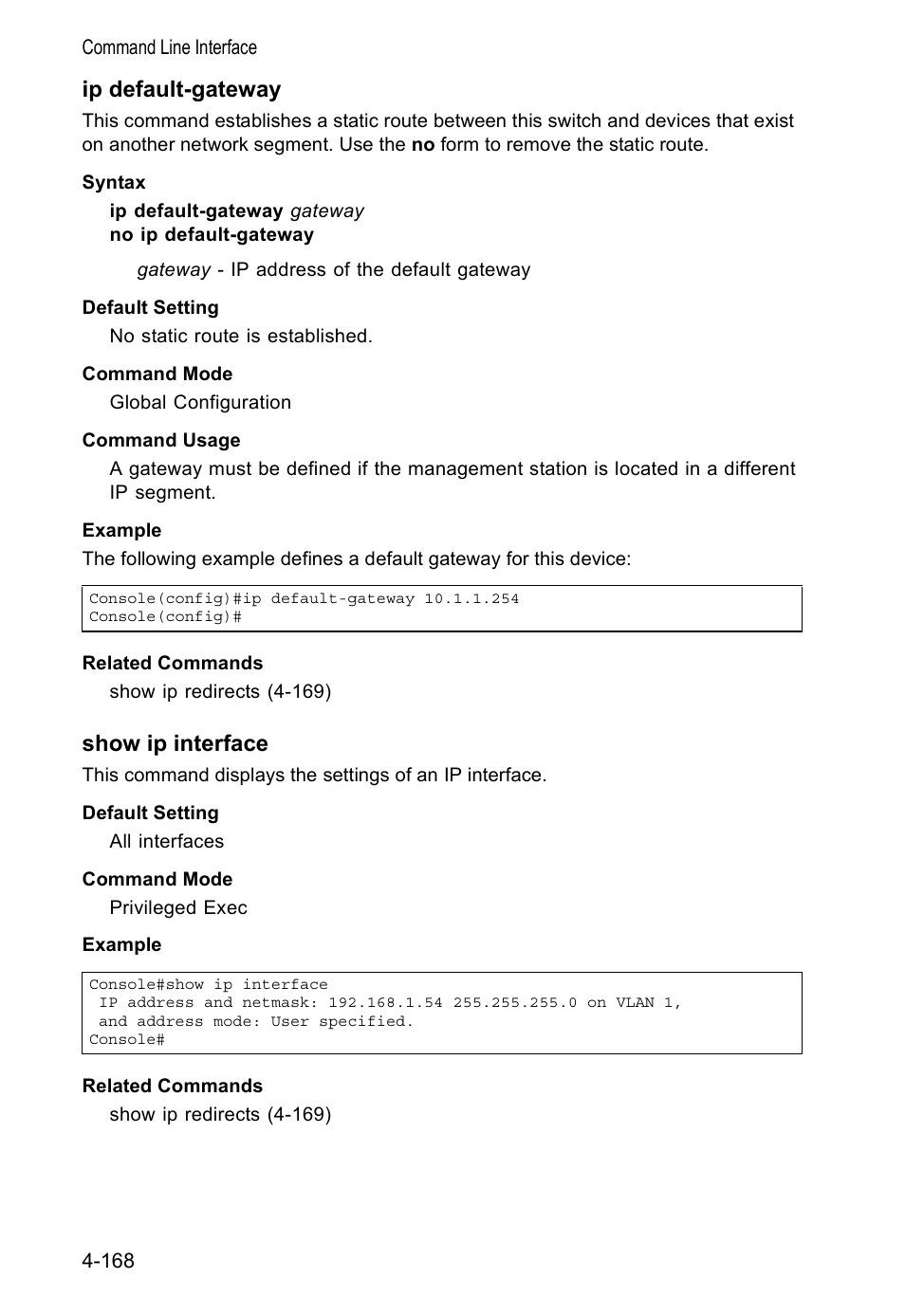 Ip default-gateway, Show ip interface | Accton Technology VS4512DC User Manual | Page 314 / 334