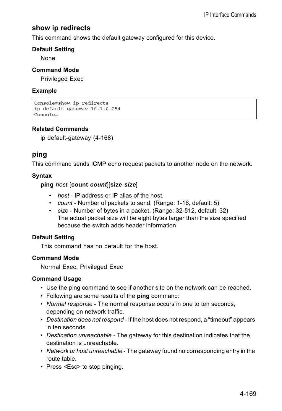 Show ip redirects, Ping, Ping 4-169 | Accton Technology VS4512DC User Manual | Page 315 / 334
