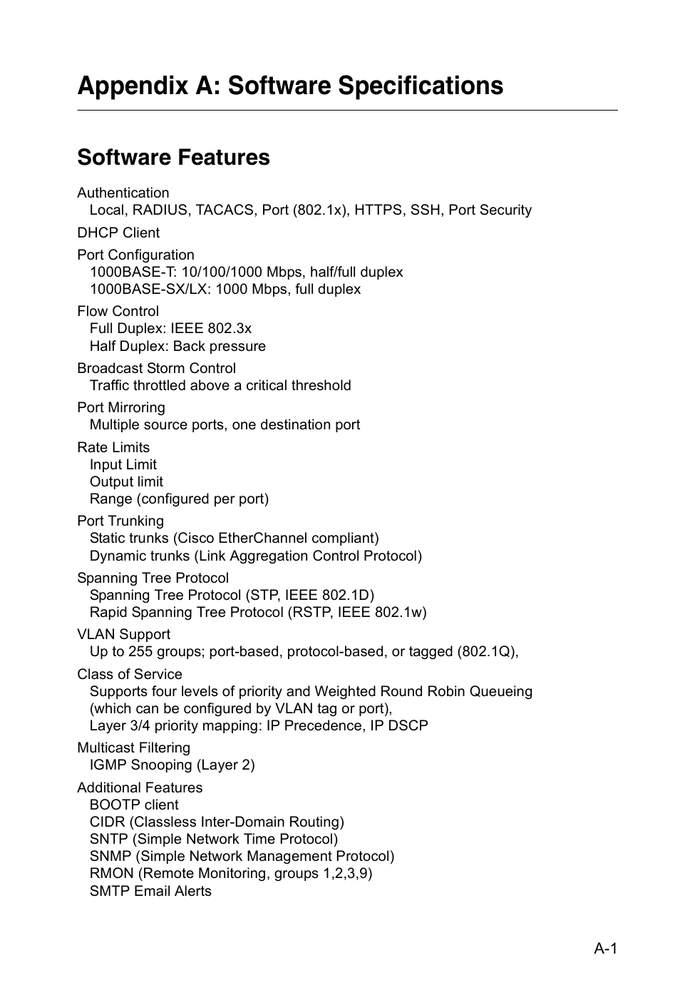 Appendix a: software specifications, Software features | Accton Technology VS4512DC User Manual | Page 317 / 334