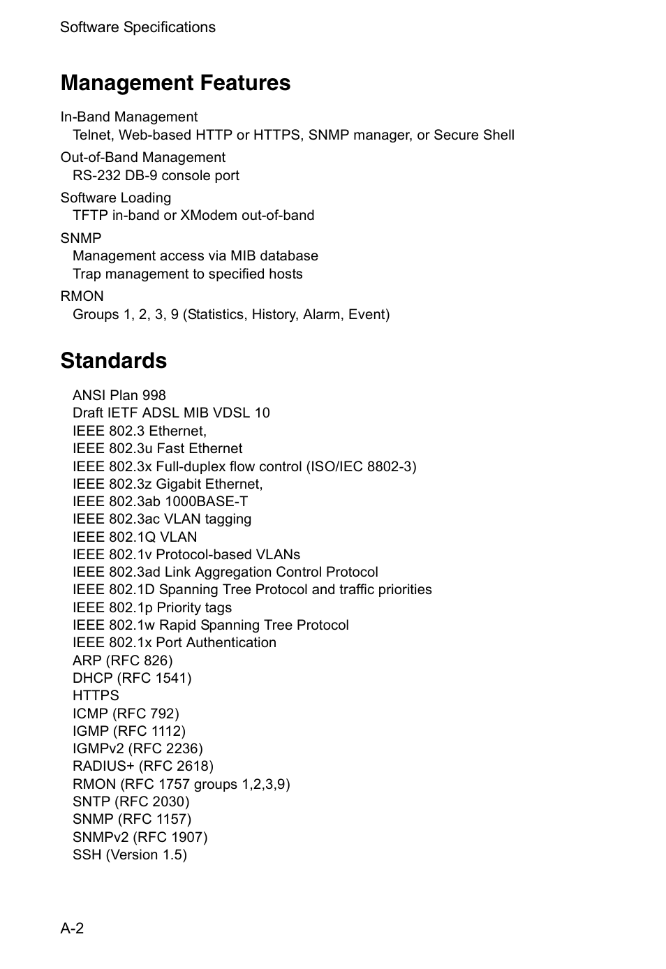 Management features, Standards, Standards a-2 | Accton Technology VS4512DC User Manual | Page 318 / 334
