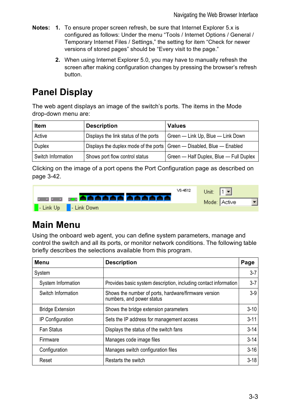 Panel display, Main menu | Accton Technology VS4512DC User Manual | Page 33 / 334