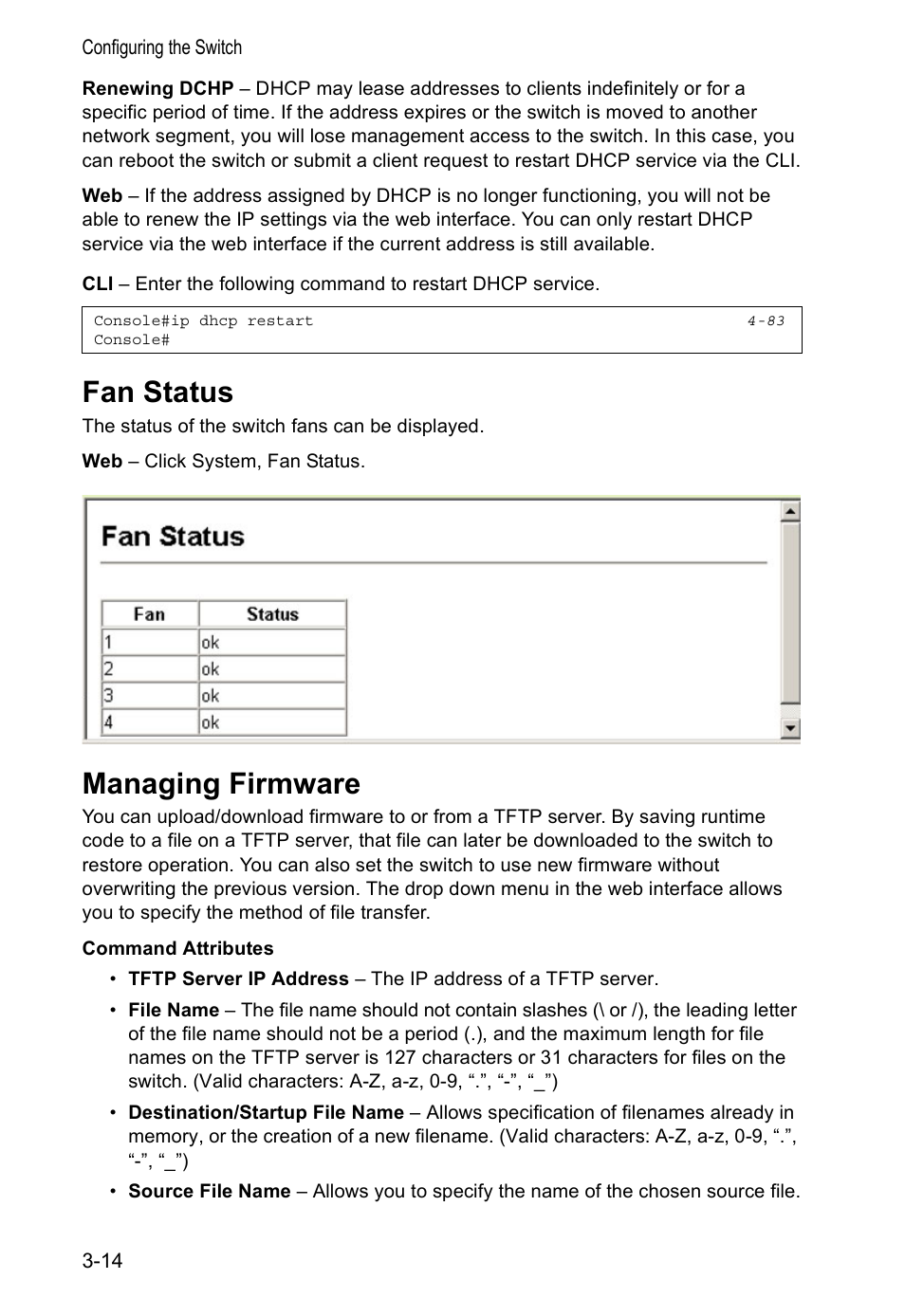Fan status, Managing firmware | Accton Technology VS4512DC User Manual | Page 44 / 334