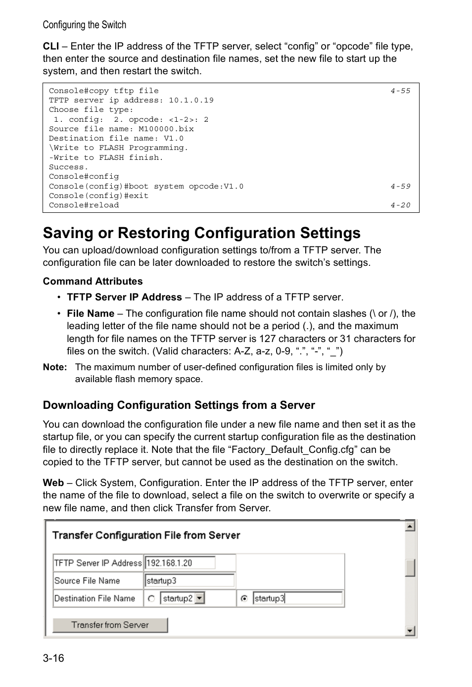 Saving or restoring configuration settings, Downloading configuration settings from a server | Accton Technology VS4512DC User Manual | Page 46 / 334