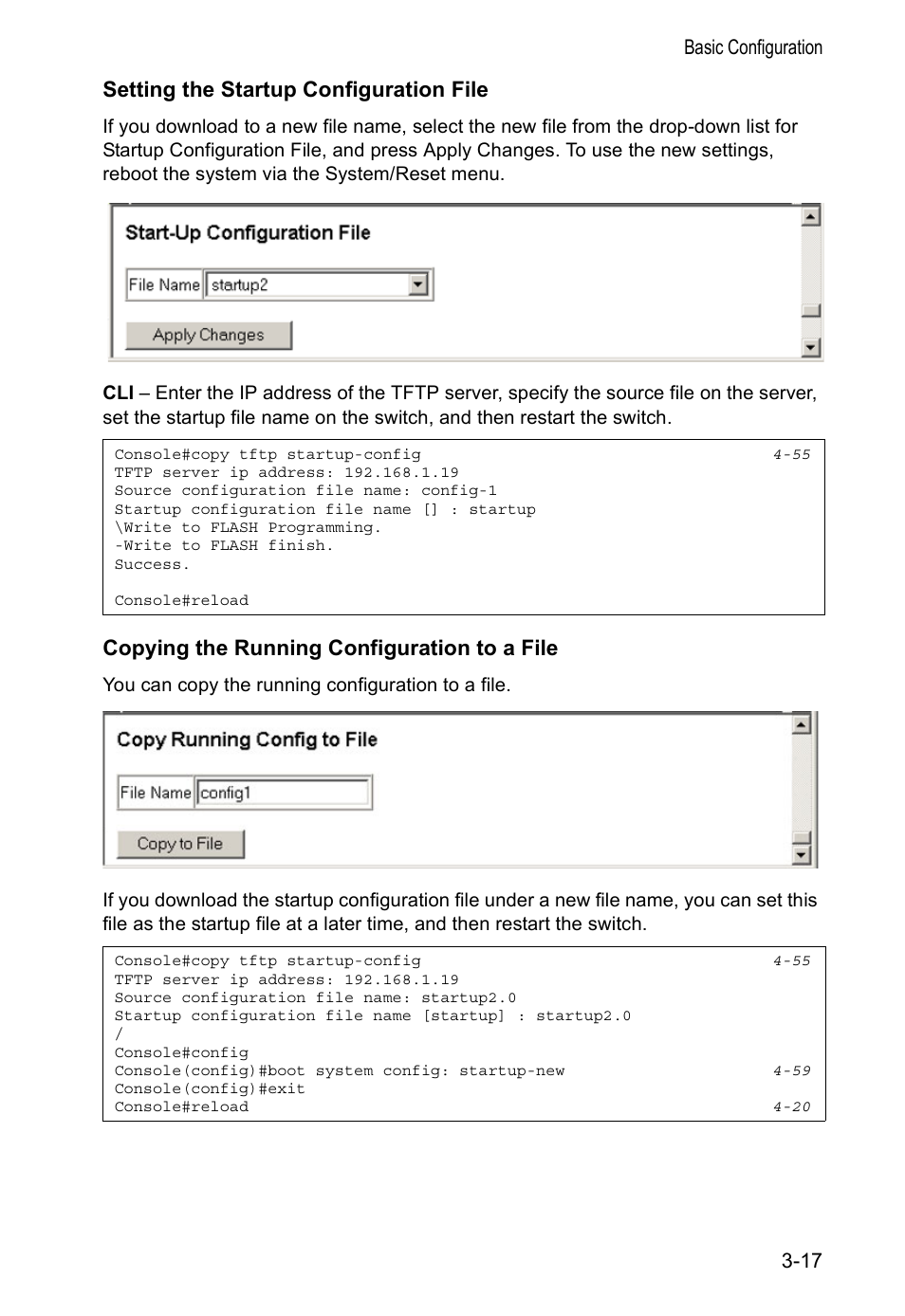 Setting the startup configuration file, Copying the running configuration to a file | Accton Technology VS4512DC User Manual | Page 47 / 334