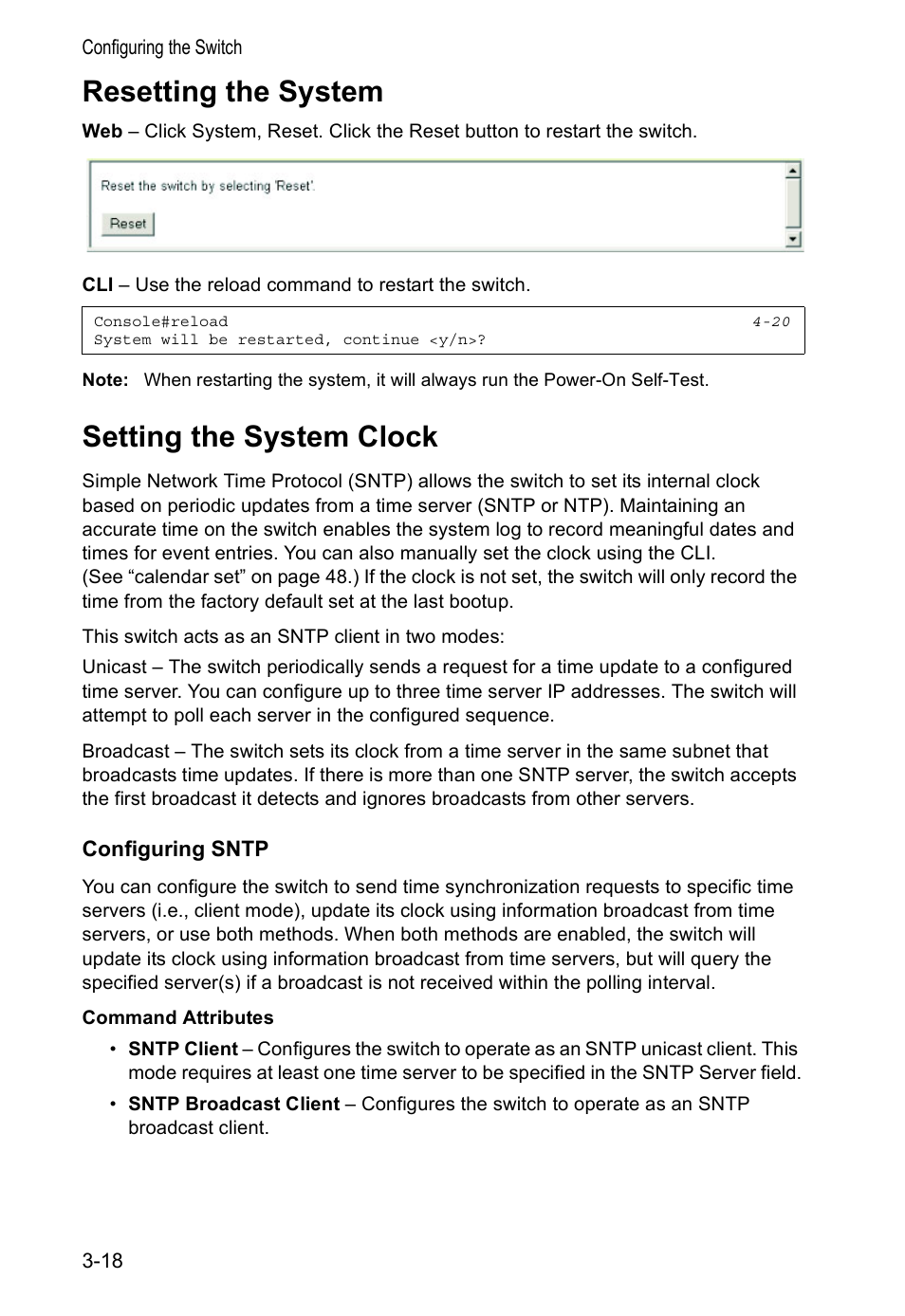 Resetting the system, Setting the system clock, Configuring sntp | Accton Technology VS4512DC User Manual | Page 48 / 334