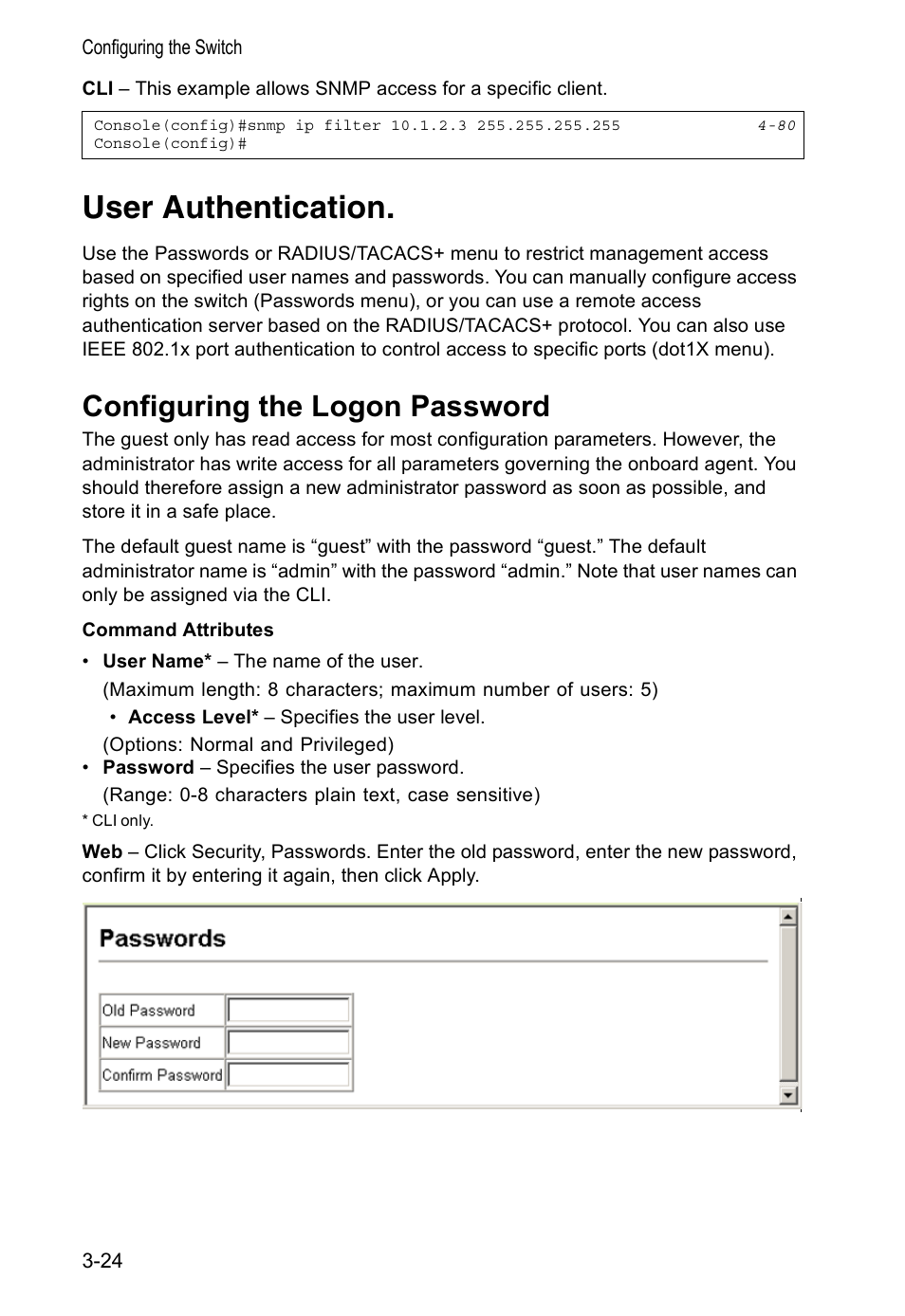 User authentication, Configuring the logon password | Accton Technology VS4512DC User Manual | Page 54 / 334