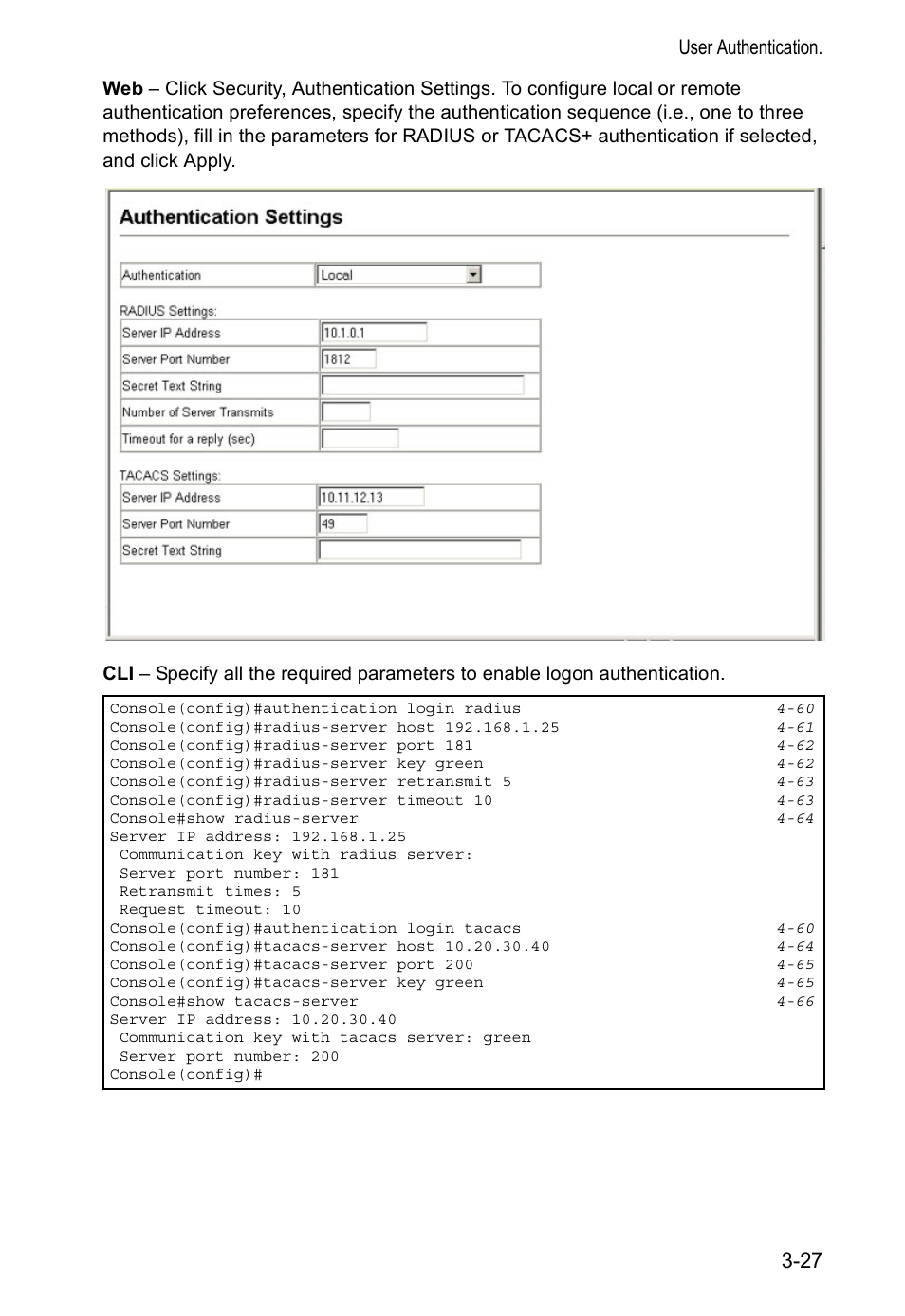 User authentication. 3-27 | Accton Technology VS4512DC User Manual | Page 57 / 334