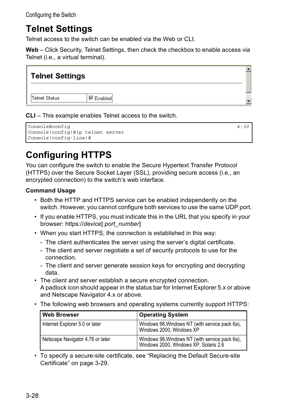 Telnet settings, Configuring https | Accton Technology VS4512DC User Manual | Page 58 / 334