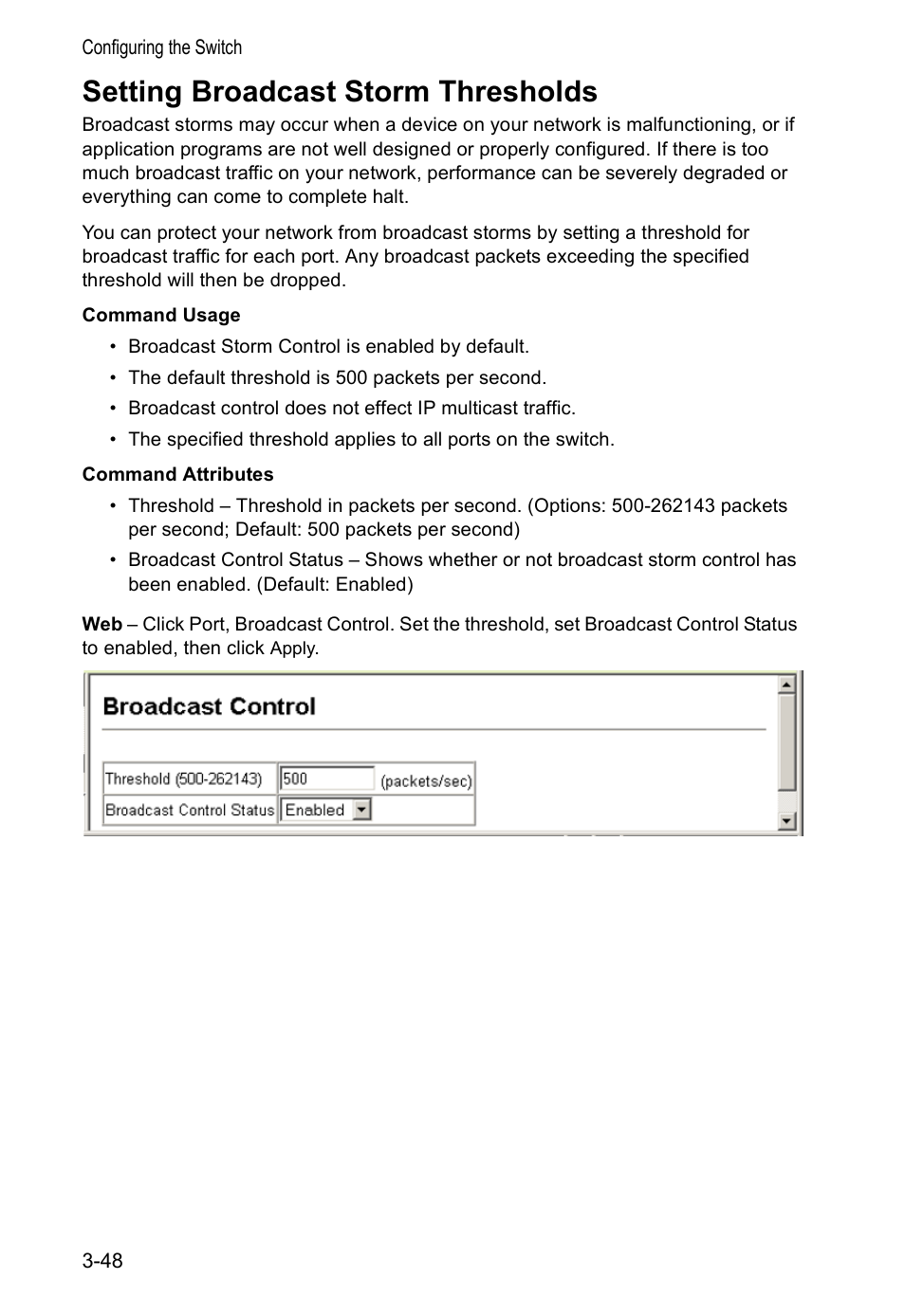 Setting broadcast storm thresholds | Accton Technology VS4512DC User Manual | Page 78 / 334