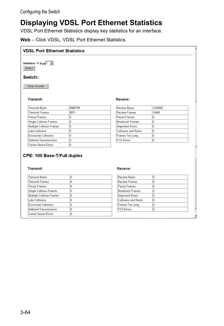 Displaying vdsl port ethernet statistics | Accton Technology VS4512DC User Manual | Page 94 / 334