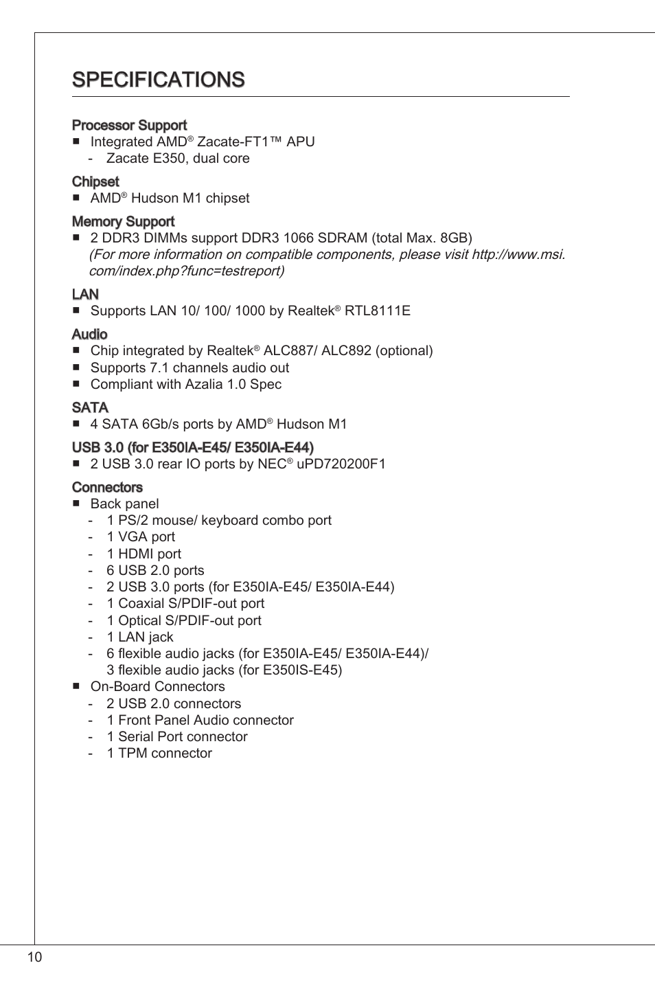 Specifications | MSI E350IS-E45 User Manual | Page 10 / 121