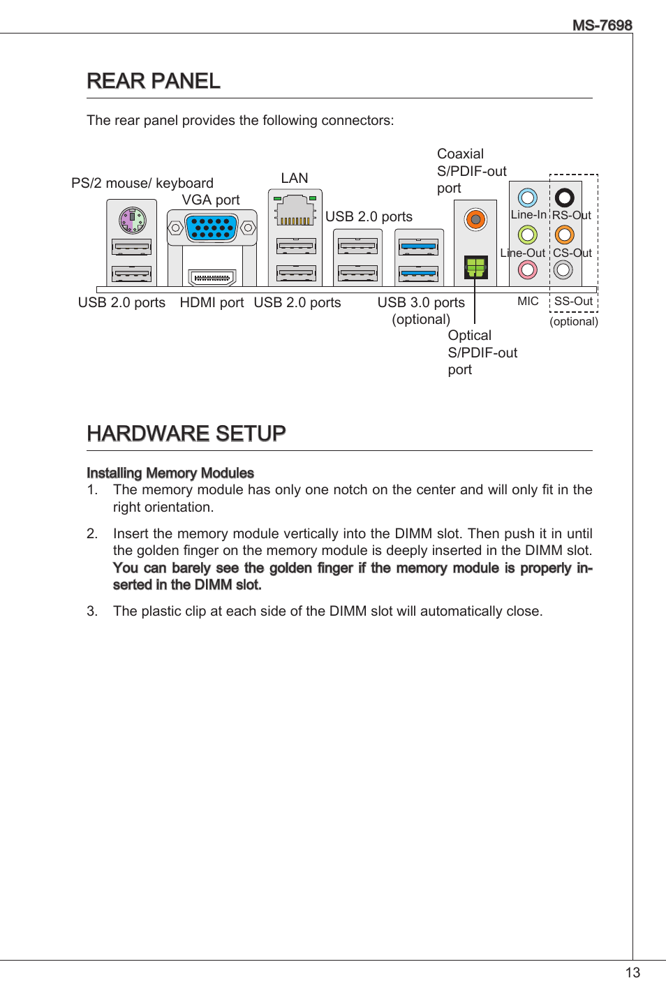 Rear panel, Hardware setup | MSI E350IS-E45 User Manual | Page 13 / 121