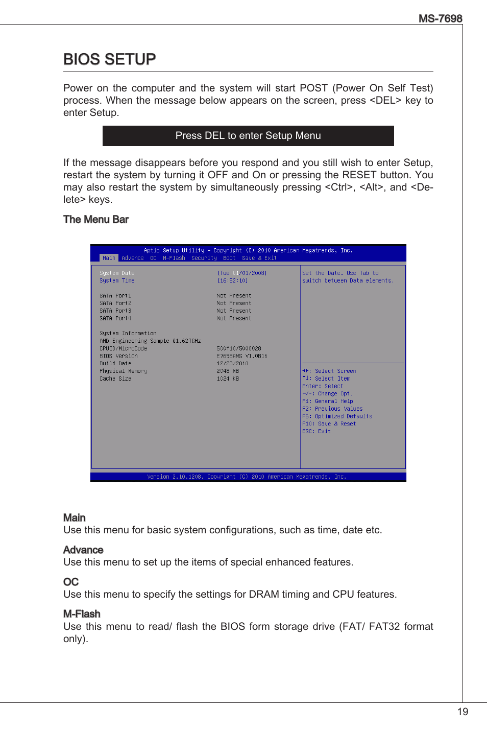 Bios setup | MSI E350IS-E45 User Manual | Page 19 / 121