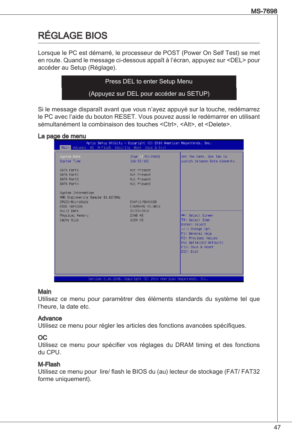 Réglage bios | MSI E350IS-E45 User Manual | Page 47 / 121