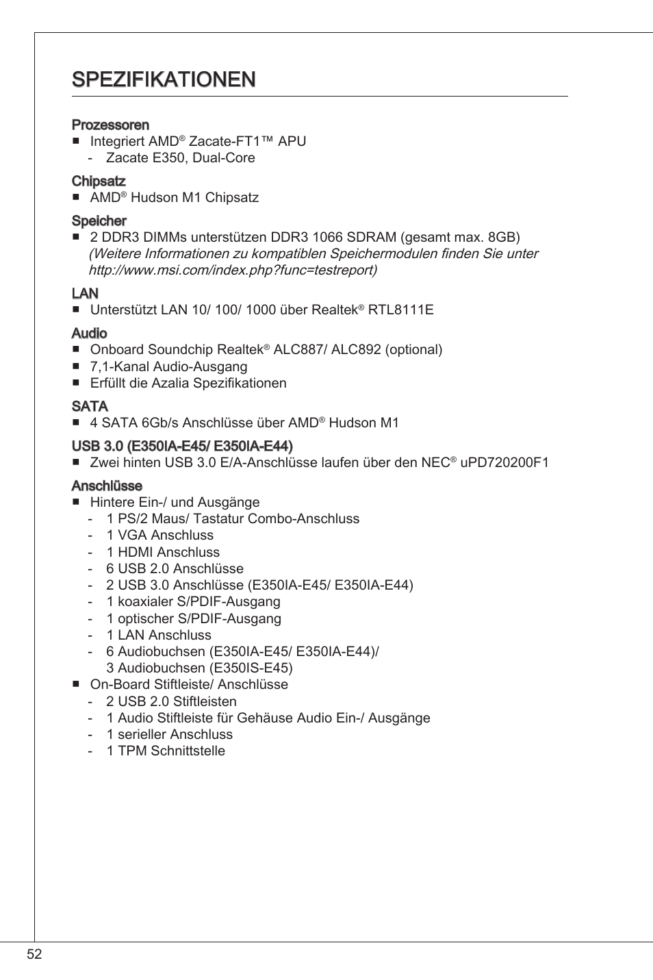 Spezifikationen | MSI E350IS-E45 User Manual | Page 52 / 121