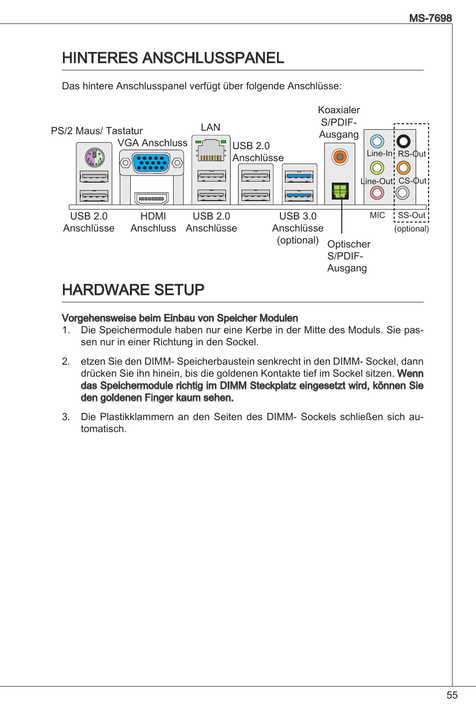 Hinteres anschlusspanel hardware setup, Hinteres anschlusspanel, Hardware setup | MSI E350IS-E45 User Manual | Page 55 / 121