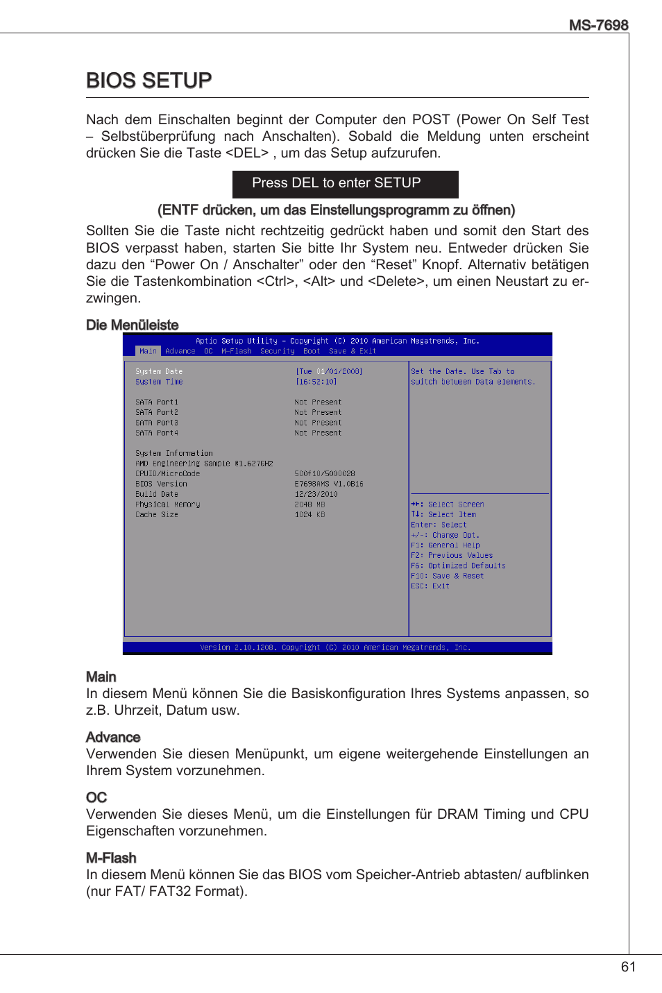 Bios setup | MSI E350IS-E45 User Manual | Page 61 / 121