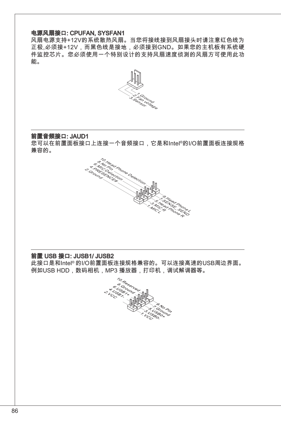 前置音频接口: jaud 您可以在前置面板接口上连接一个音频接口，它是和intel, 的i/o前置面板连接规格 兼容的, 前置 usb 接口: jusb/ jusb2 此接口是和intel | MSI E350IS-E45 User Manual | Page 86 / 121