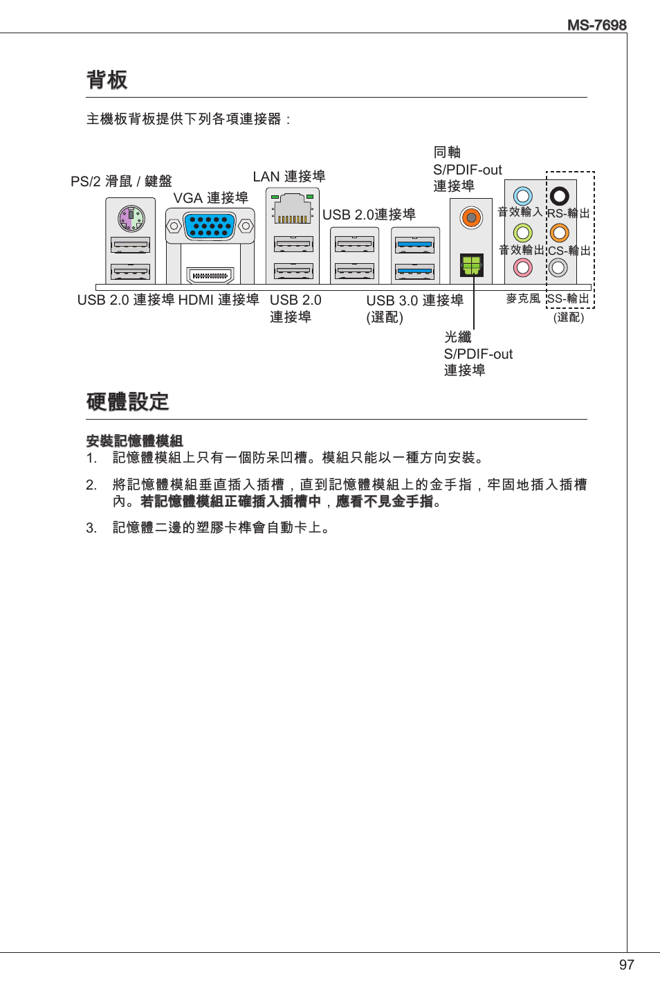 背板 硬體設定, 硬體設定 | MSI E350IS-E45 User Manual | Page 97 / 121