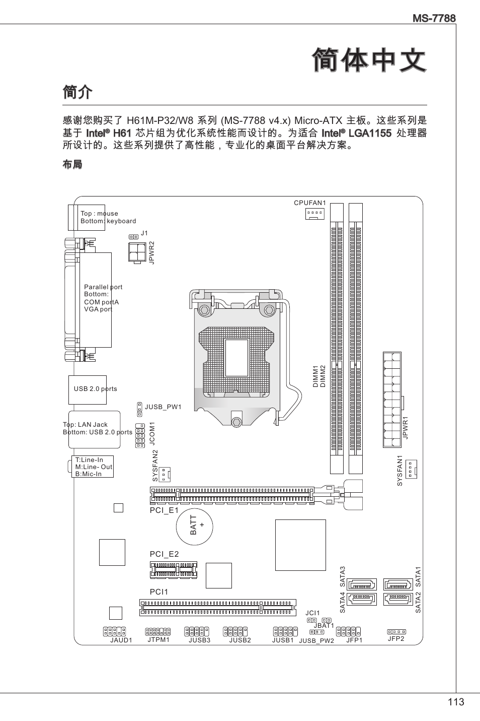 简体中文, H6 芯片组为优化系统性能而设计的。为适合 intel, Lga55 处理器 所设计的。这些系列提供了高性能，专业化的桌面平台解决方案。 布局 | MSI CSM-H61M-P32/W8 User Manual | Page 113 / 172