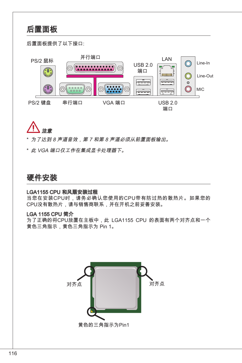 后置面板, 硬件安装 | MSI CSM-H61M-P32/W8 User Manual | Page 116 / 172