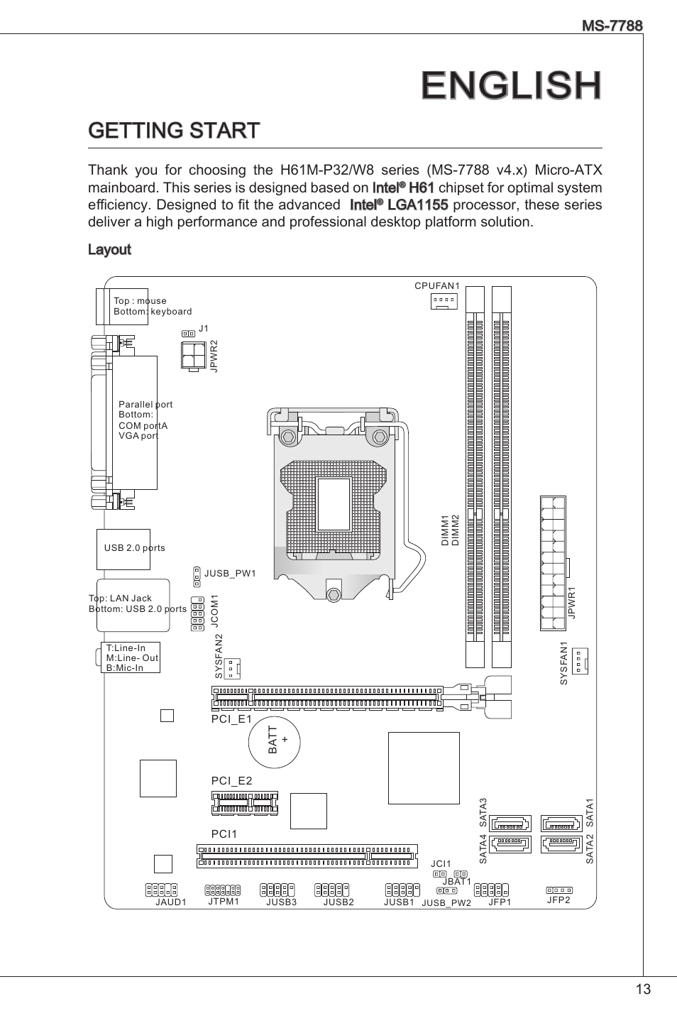 English, Getting start | MSI CSM-H61M-P32/W8 User Manual | Page 13 / 172