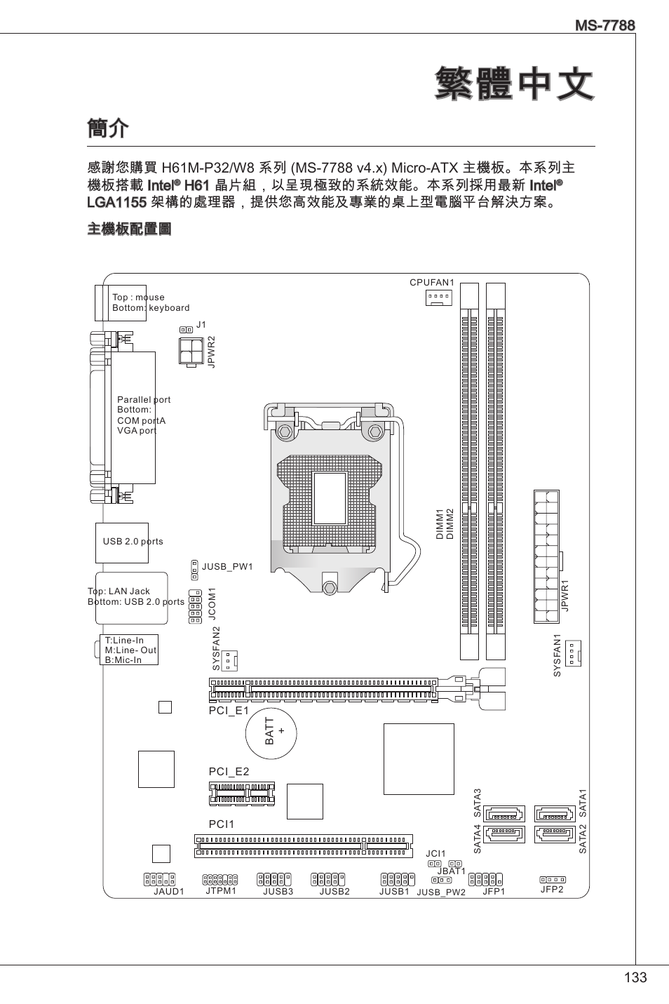 繁體中文, H6 晶片組，以呈現極致的系統效能。本系列採用最新 intel, Lga55 架構的處理器，提供您高效能及專業的桌上型電腦平台解決方案。 主機板配置圖 | MSI CSM-H61M-P32/W8 User Manual | Page 133 / 172