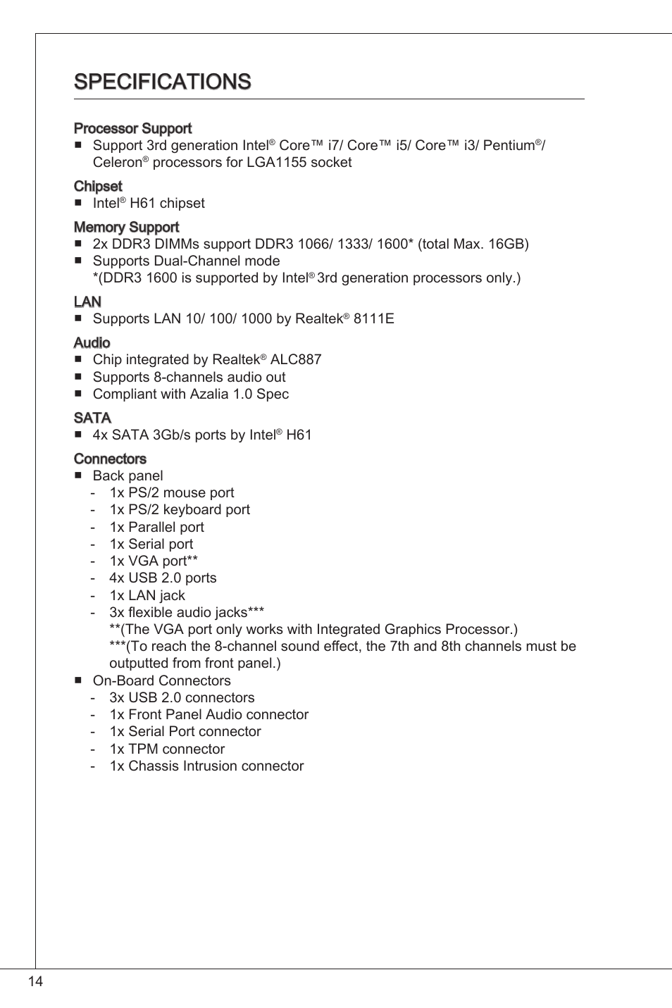 Specifications | MSI CSM-H61M-P32/W8 User Manual | Page 14 / 172