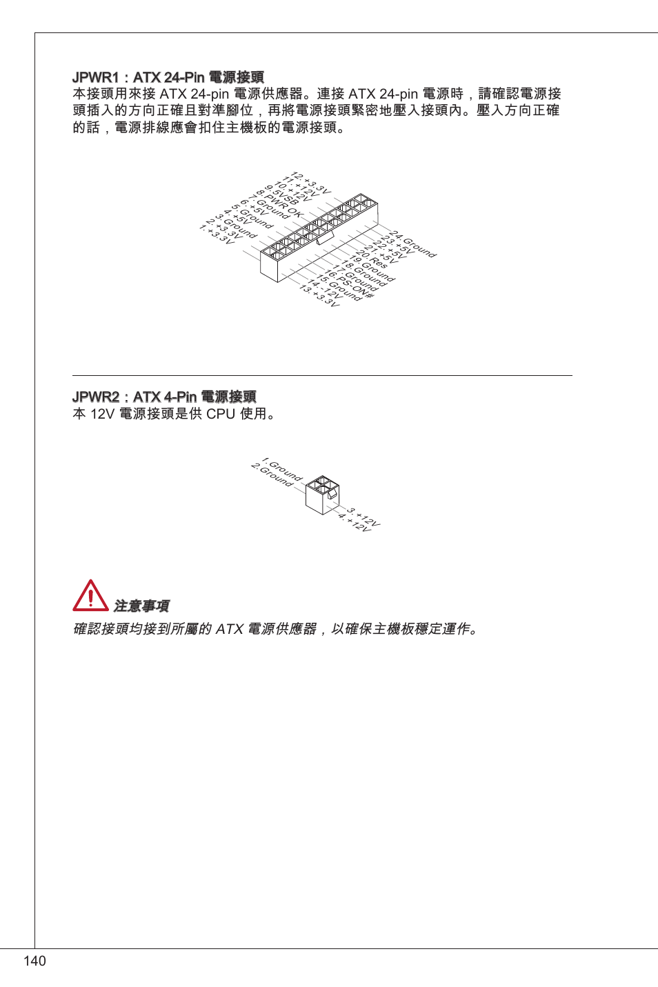 Jpwr2：atx 4-pin 電源接頭 本 2v 電源接頭是供 cpu 使用, 注意事項 確認接頭均接到所屬的 atx 電源供應器，以確保主機板穩定運作 | MSI CSM-H61M-P32/W8 User Manual | Page 140 / 172