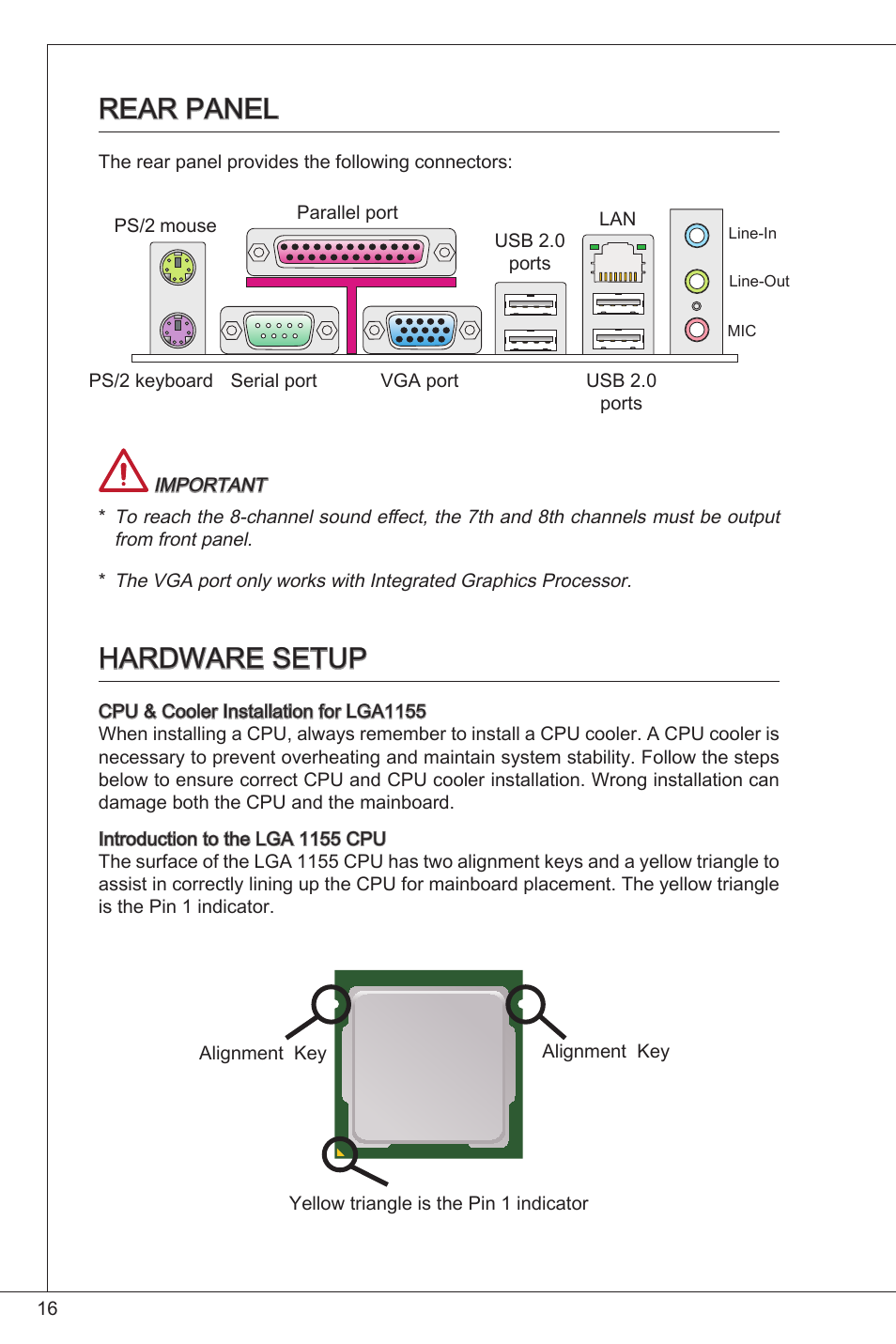 Rear panel, Hardware setup | MSI CSM-H61M-P32/W8 User Manual | Page 16 / 172