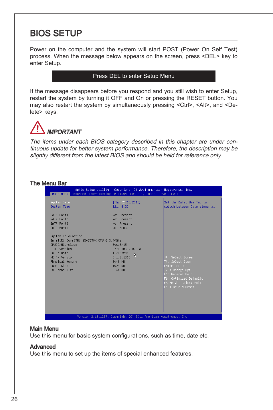 Bios setup | MSI CSM-H61M-P32/W8 User Manual | Page 26 / 172