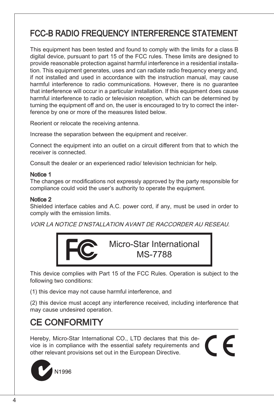 Ce conformity, Fcc-b radio frequency interference statement, Micro-star international ms-7788 | MSI CSM-H61M-P32/W8 User Manual | Page 4 / 172
