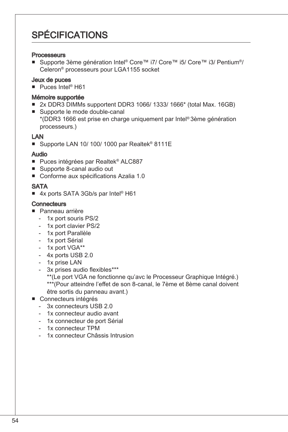 Spécifications | MSI CSM-H61M-P32/W8 User Manual | Page 54 / 172