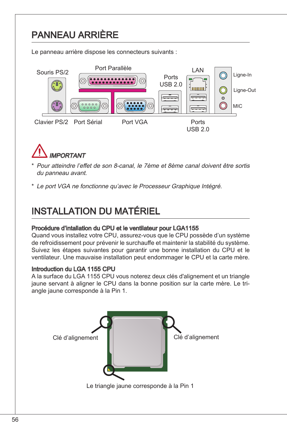 Panneau arrière, Installation du matériel, Panneau arrière installation du matériel | MSI CSM-H61M-P32/W8 User Manual | Page 56 / 172
