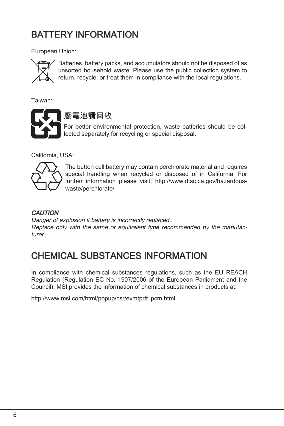 Battery information, Chemical substances information, 廢電池請回收 | MSI CSM-H61M-P32/W8 User Manual | Page 6 / 172