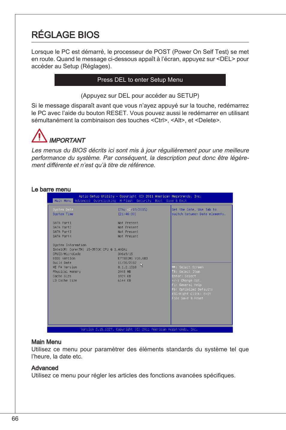 Réglage bios | MSI CSM-H61M-P32/W8 User Manual | Page 66 / 172