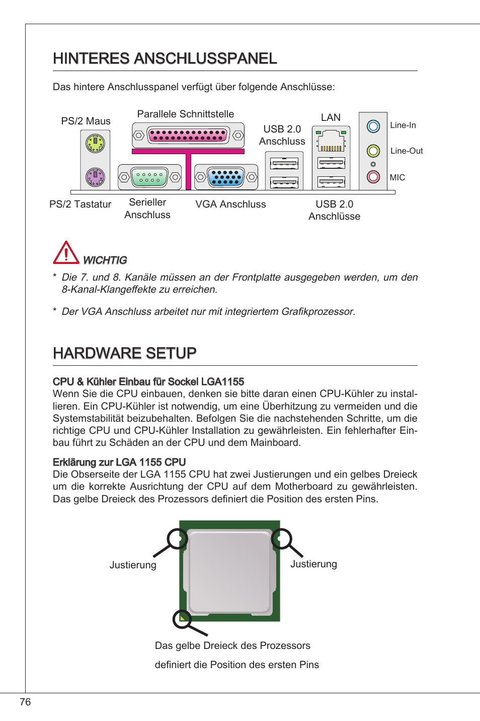 Hinteres anschlusspanel, Hardware setup, Hinteres anschlusspanel hardware setup | MSI CSM-H61M-P32/W8 User Manual | Page 76 / 172