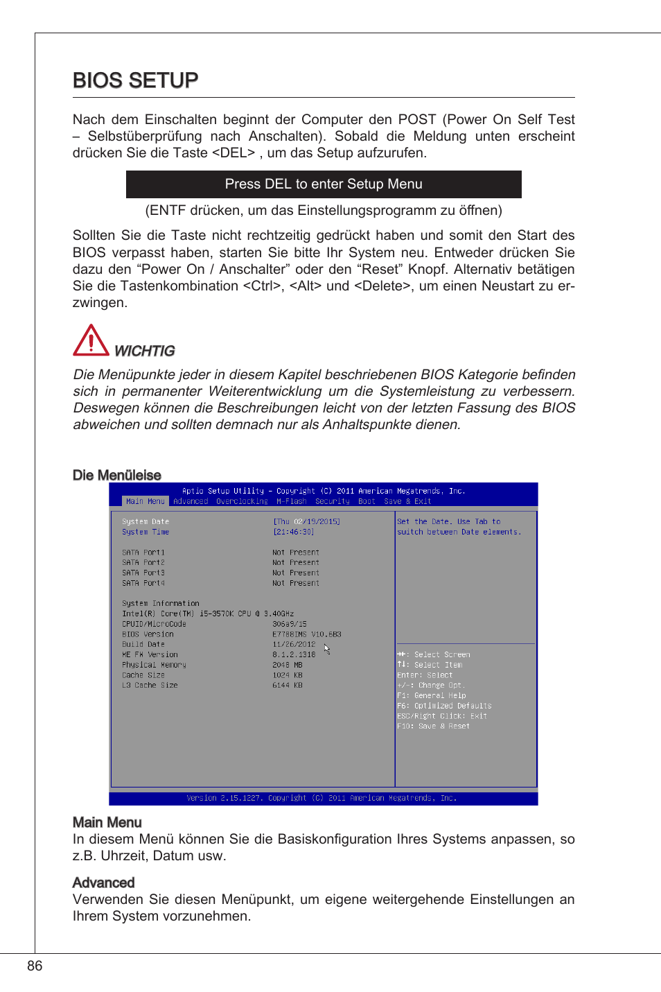 Bios setup | MSI CSM-H61M-P32/W8 User Manual | Page 86 / 172