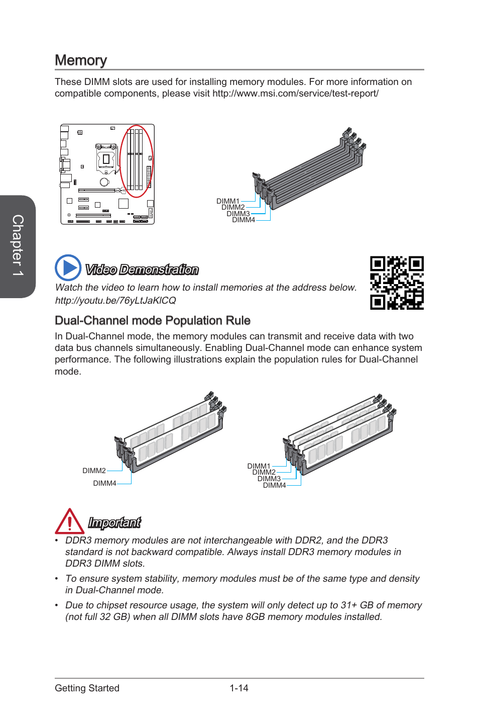 Memory, Dual-channel mode population rule, Memory -14 | Dual-channel mode population rule -14, Chapter 1, Video demonstration, Important | MSI CSM-B85M-E45 User Manual | Page 28 / 84