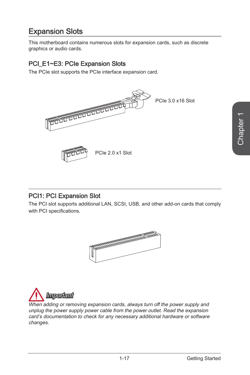 Expansion slots, Pci_e1~e3: pcie expansion slots, Pci1: pci expansion slot | Expansion slots -17, Pci1, Pci expansion slot, Chapter 1 | MSI CSM-B85M-E45 User Manual | Page 31 / 84