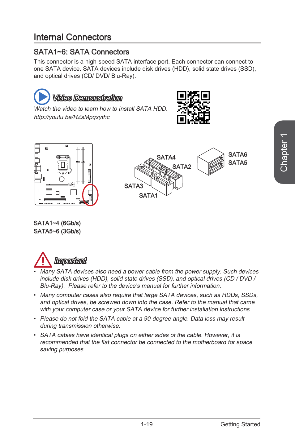 Internal connectors, Sata1~6: sata connectors, Internal connectors -19 | Sata1~6: sata connectors -19, Chapter 1, Video demonstration, Important | MSI CSM-B85M-E45 User Manual | Page 33 / 84