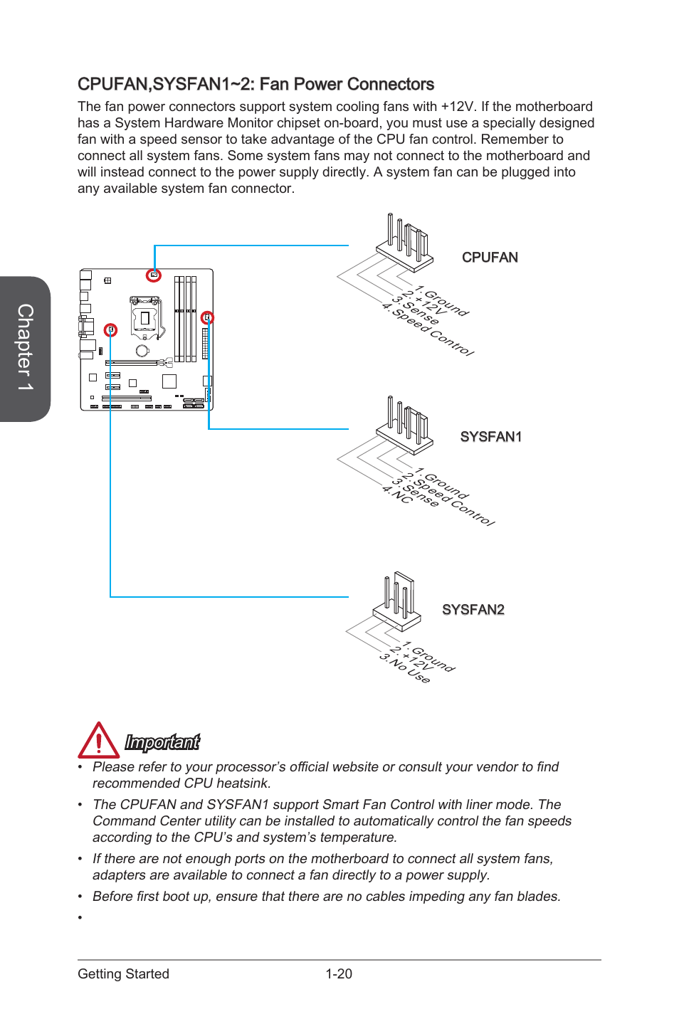 Cpufan,sysfan1~2: fan power connectors, Cpufan,sysfan1~2: fan power connectors -20, Cpufan,sysfan1~2 | Fan power connectors, Chapter 1, Important | MSI CSM-B85M-E45 User Manual | Page 34 / 84