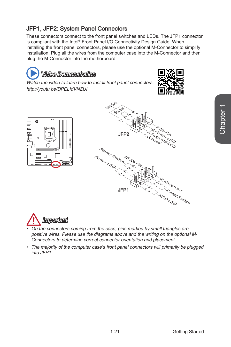 Jfp1, jfp2: system panel connectors, Jfp1, jfp2: system panel connectors -21, Jfp1, jfp2 | System panel connectors, Chapter 1, Video demonstration, Important | MSI CSM-B85M-E45 User Manual | Page 35 / 84