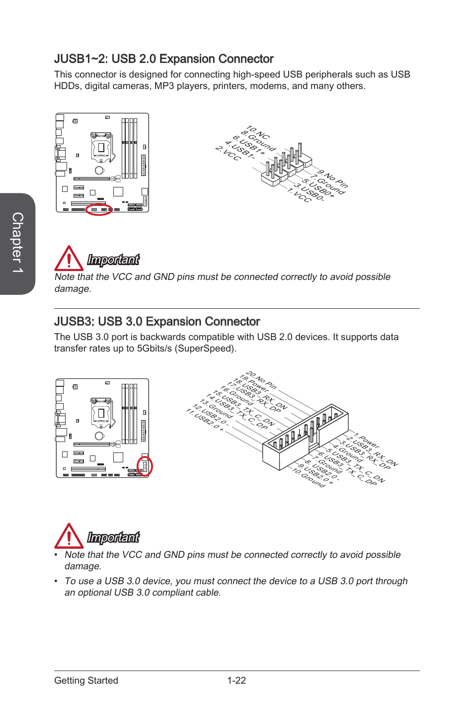 Jusb1~2: usb 2.0 expansion connector, Jusb3: usb 3.0 expansion connector, Jusb1~2 | Usb 2.0 expansion connectors, Jusb3, Usb 3.0 expansion connector, Chapter 1, Important, 22 getting started | MSI CSM-B85M-E45 User Manual | Page 36 / 84