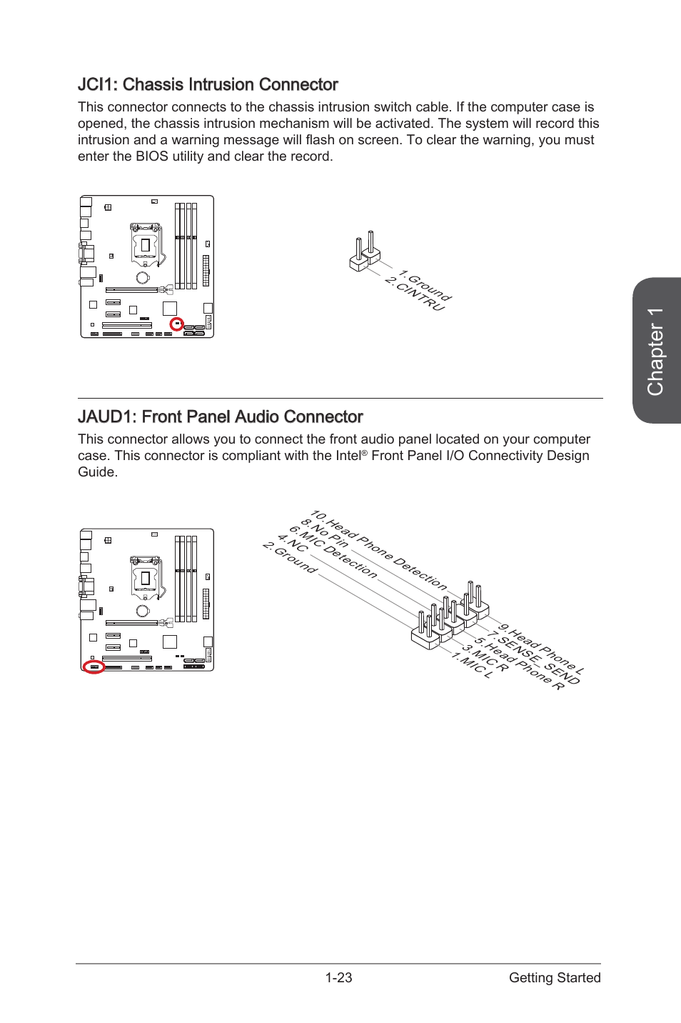Jci1: chassis intrusion connector, Jaud1: front panel audio connector, Jaud1 | Front panel audio connector, Jci1, Chassis intrusion connector, Chapter 1 | MSI CSM-B85M-E45 User Manual | Page 37 / 84