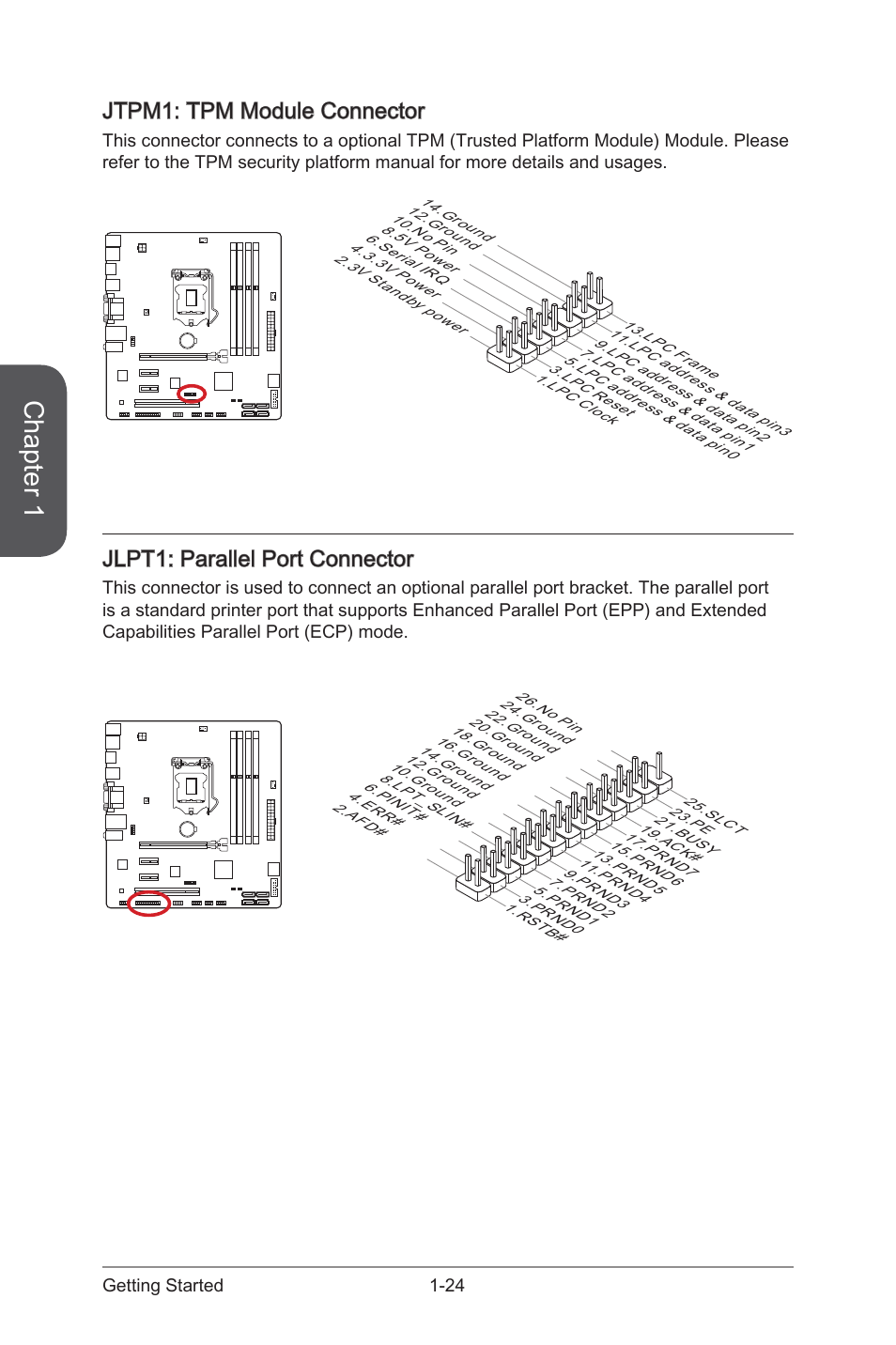 Jtpm1: tpm module connector, Jlpt1: parallel port connector, Jlpt1 | Parallel port connector, Jtpm1, Tpm module connector, Chapter 1 | MSI CSM-B85M-E45 User Manual | Page 38 / 84