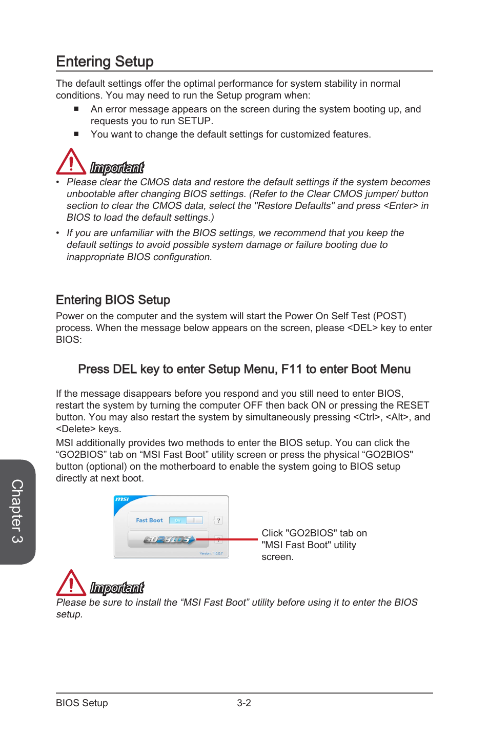 Entering setup, Entering bios setup, Entering setup -2 | Entering bios setup -2, Chapter 3, Important | MSI CSM-B85M-E45 User Manual | Page 56 / 84